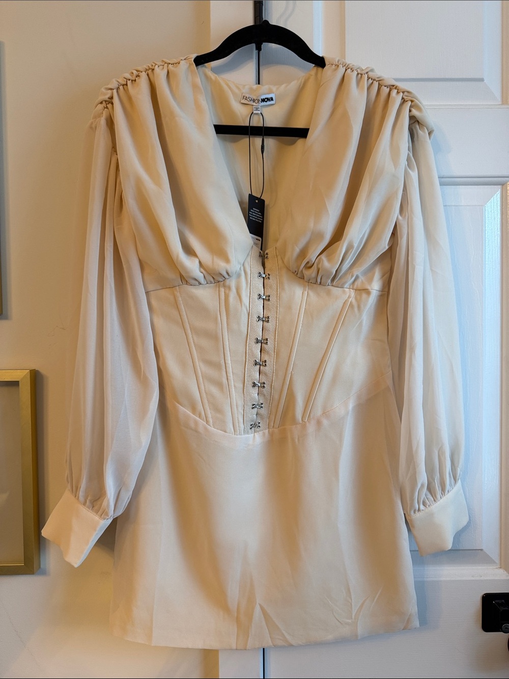 Fashion Nova Cream Long Sleeve Corset Mini Dress with Hook Closure